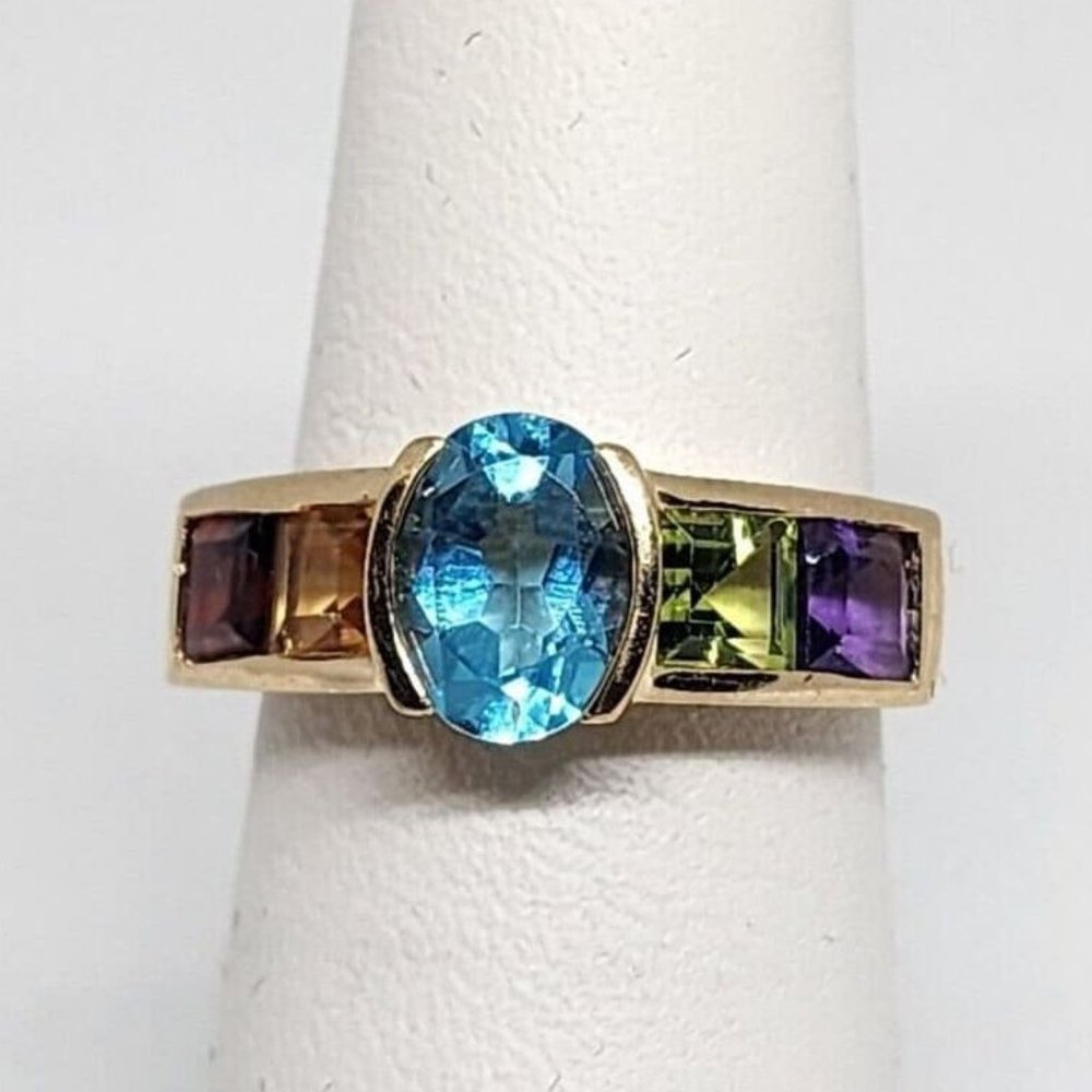 10K YELLOW GOLD TOPAZ, AMETHYST, PERIDOT, CITRINE & GARNET RING  SIZE 5